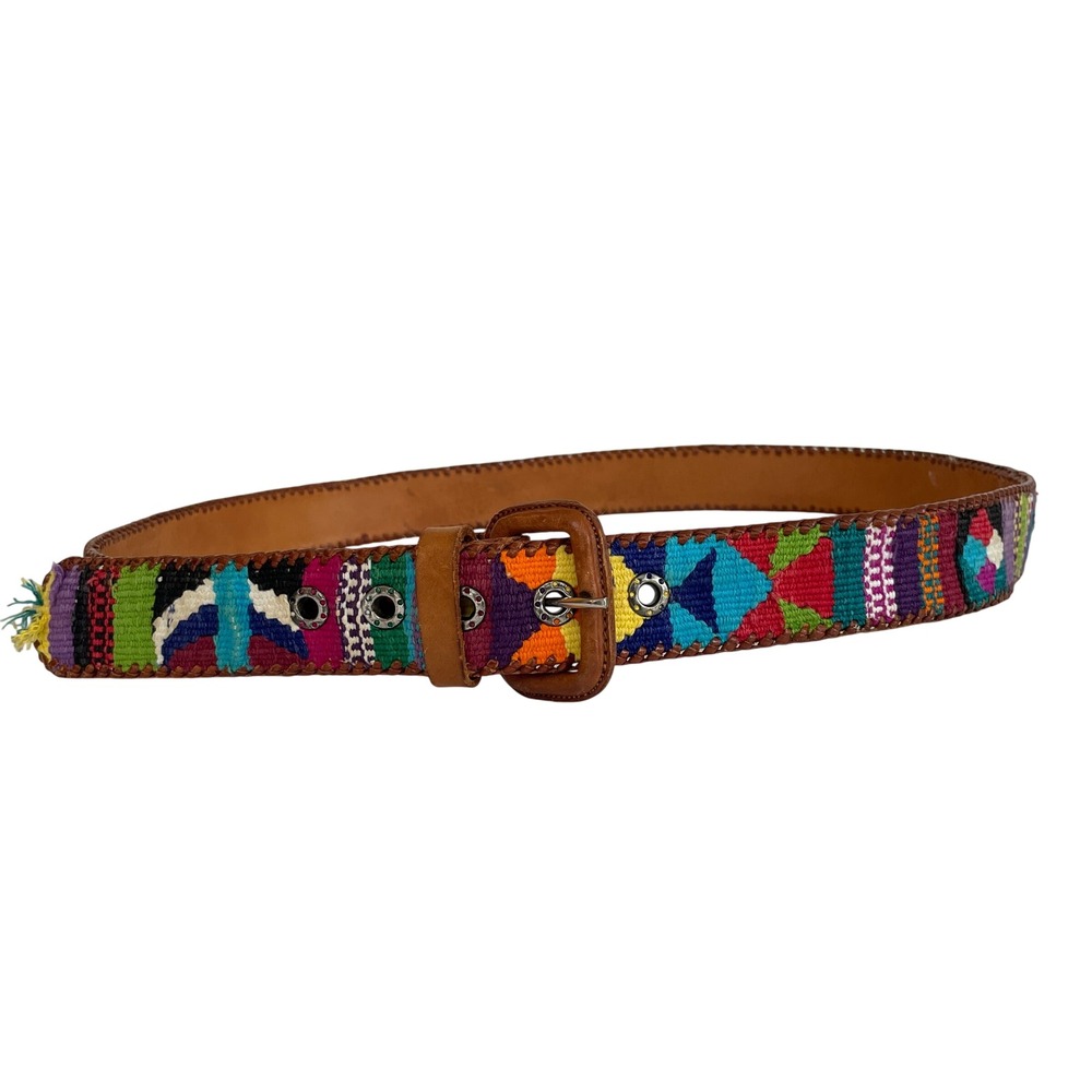Vintage Boho Woven Leather Belt Multi Color Geometric Whipstitch XL 40 festival